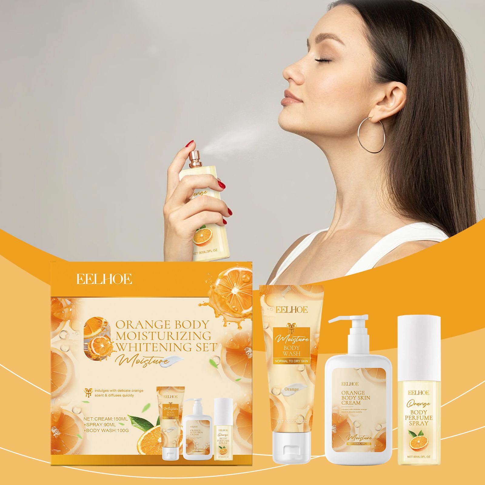 This orange body care gift set includes a body wash, body lotion, and perfume spray, formulated with orange fruit extract and moisturizing ingredients to help c