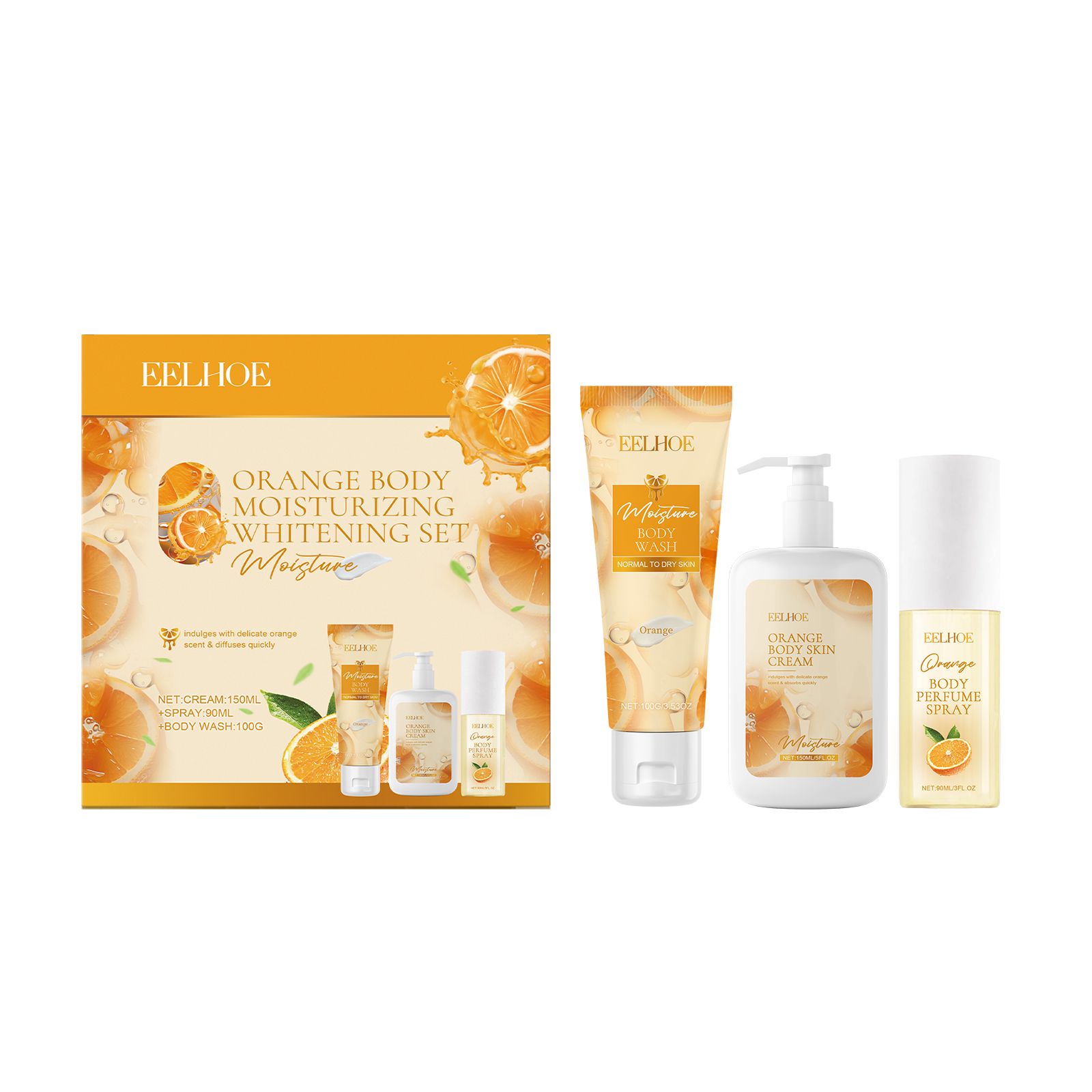 This orange body care gift set includes a body wash, body lotion, and perfume spray, formulated with orange fruit extract and moisturizing ingredients to help c