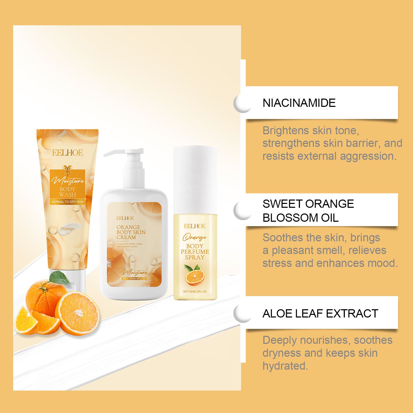 This orange body care gift set includes a body wash, body lotion, and perfume spray, formulated with orange fruit extract and moisturizing ingredients to help c