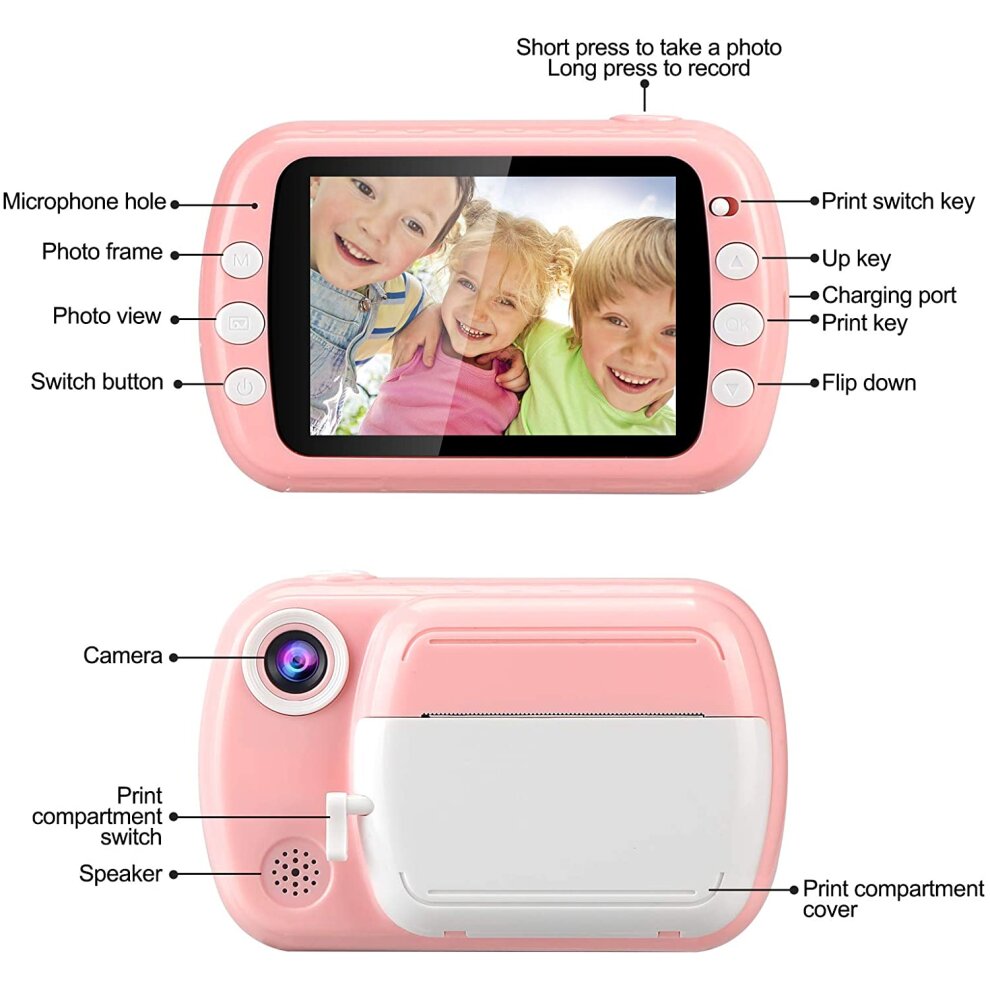 Instant Print Camera Child Digital Camera Kids 1080P HD Video Camera with 32G Card Birthday Christmas Gift for Boys and Girls