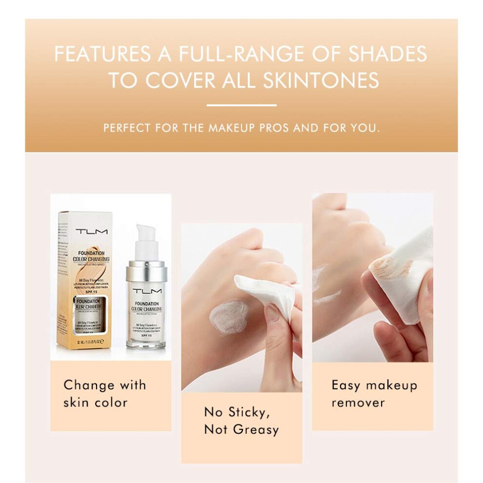TLM Flawless Colour Changing Warm Skin Tone Foundation Concealer Cover Cream Moisturizing Foundation Makeup Naturally Blends Long Lasting for Face Makeup Waterproof Poreless Liquid Foundation 2 Pcs