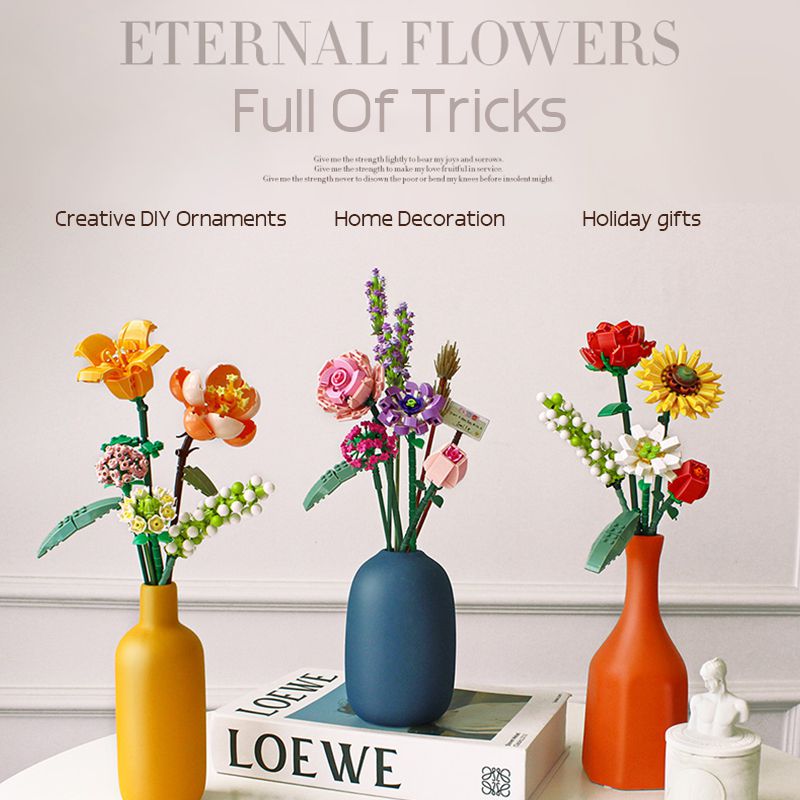 (A) Romantic Rose Flowers Bouquet Building Blocks Ideas Simulation Model Bricks Home Decoration DIY Toys for Girls Gifts