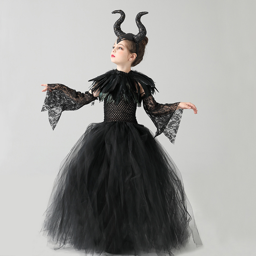 (90~110CM) Maleficent Costume for Kids Girls Evil Queen Fancy Dress Up Black Princess Magic Wizard Halloween Carnival Cosplay