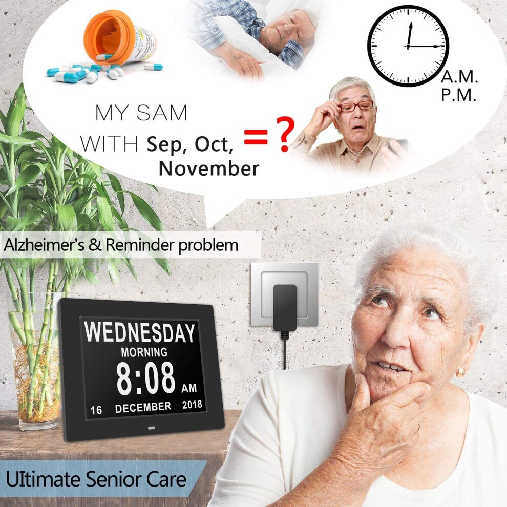 (White) Digital Day Alarm Clock LED Calendar Dementia Time 7 inch