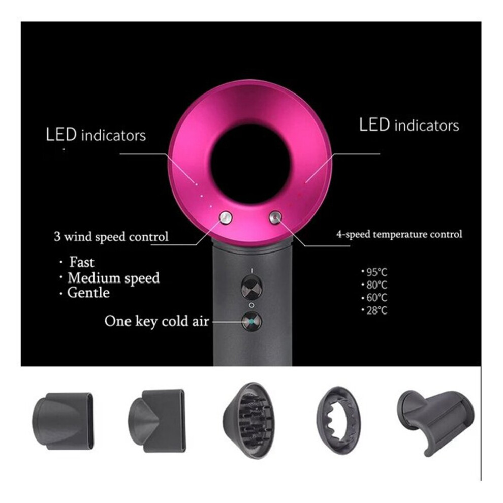 (Rose) Supersonic Hair Dryer Professional Salon Powerful Quick Drying Ionic Hairdryer 5in1 Set Includes FlyAway Attachment