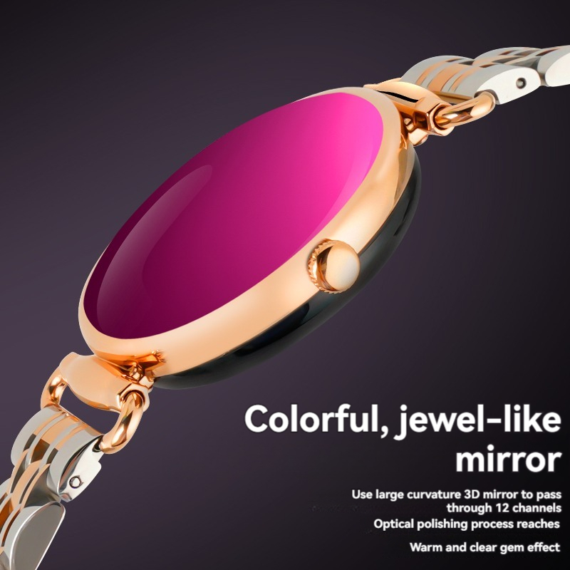 (Gold) Women Smart Watch 1.28 Inch AMOLED HD Screen 3D Gem Mirror Stainless Steel BT Call Female Security Period Blood Oxygen