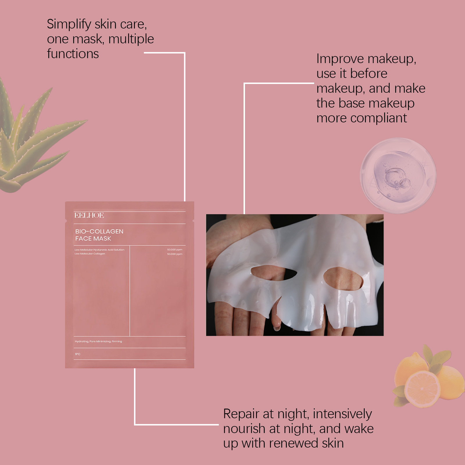 (1PC) Bio Collagen Facial Mask Shrink Pore Moisturizing Refreshing Nourish Care Skin Hydration Moisturizer Deep Lift Brightening Nourish Skin Care Product