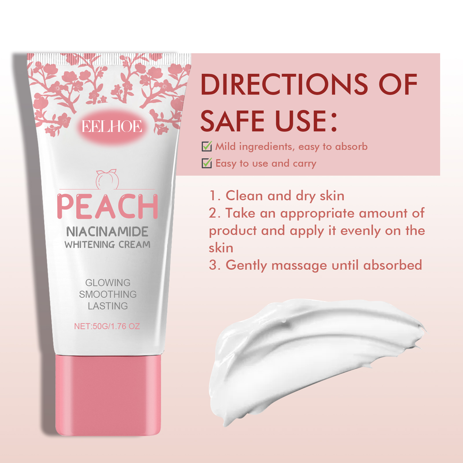 EELHOE Nicotinamide Peach Body Cream Brightening Moisturizing Lotion Smoothing Hydrating Odor Remover Whitening Body Skin Care Cream 50g