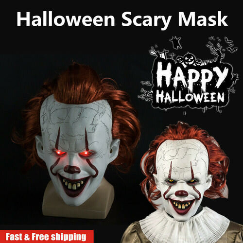 Halloween Mask IT Pennywise Clown Mask with Hair LED Light Up Overhead Latex Halloween Party Costume Props Adult Cosplay Easter Joker Role Playing