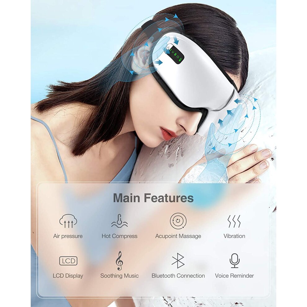 Eye Massager with Heat Vibration Rechargeable Foldable Air Compression Wireless Bluetooth Music for Relax and Reduce Eye Strain Dark Circles Eye Bags Dry Eye Improve Sleep Travel Office Home Car Use