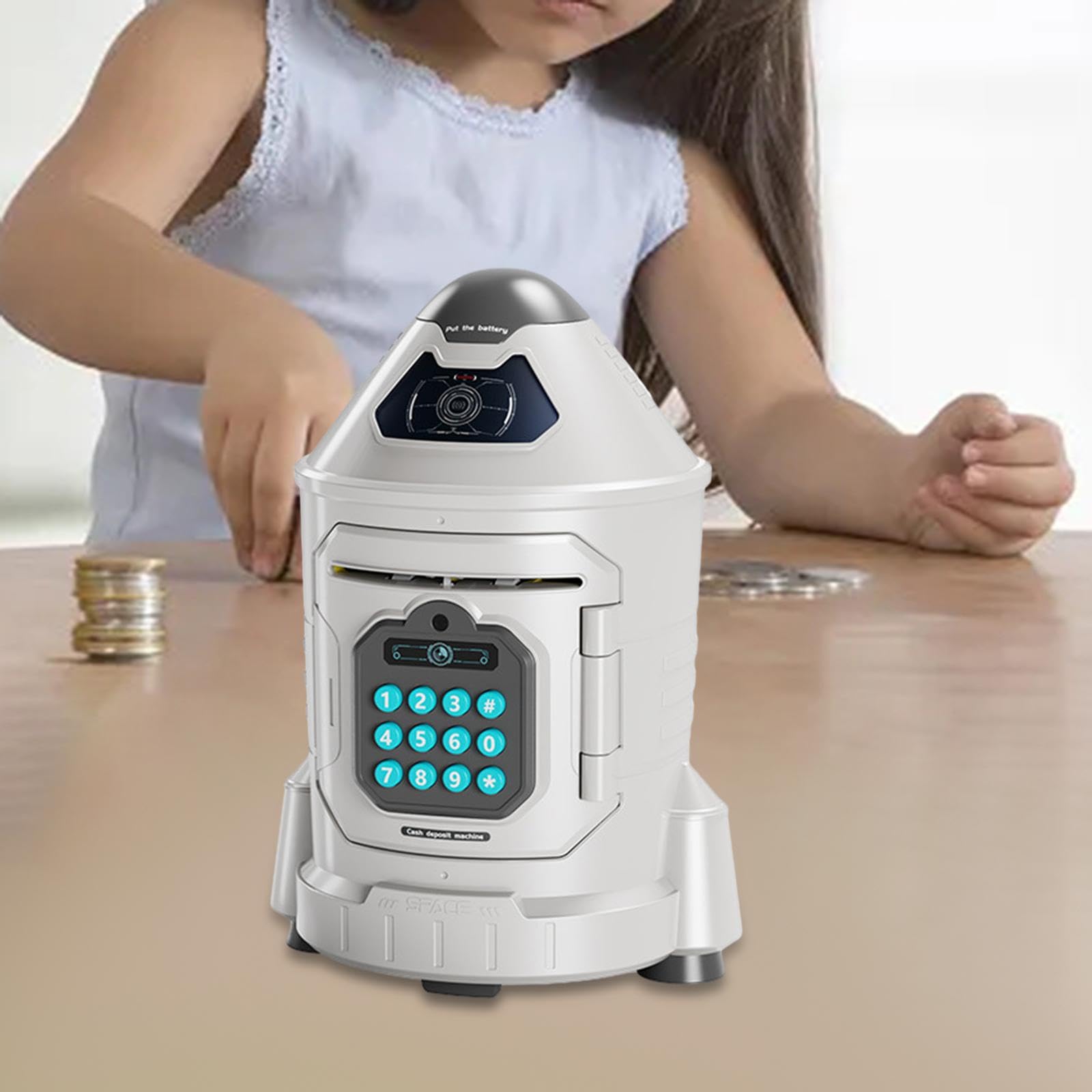 (Blue) Rocket Piggy Bank Electronic ATM Savings Machine with Password Face Recognition Auto Scroll ATM Machine for Boy Girls