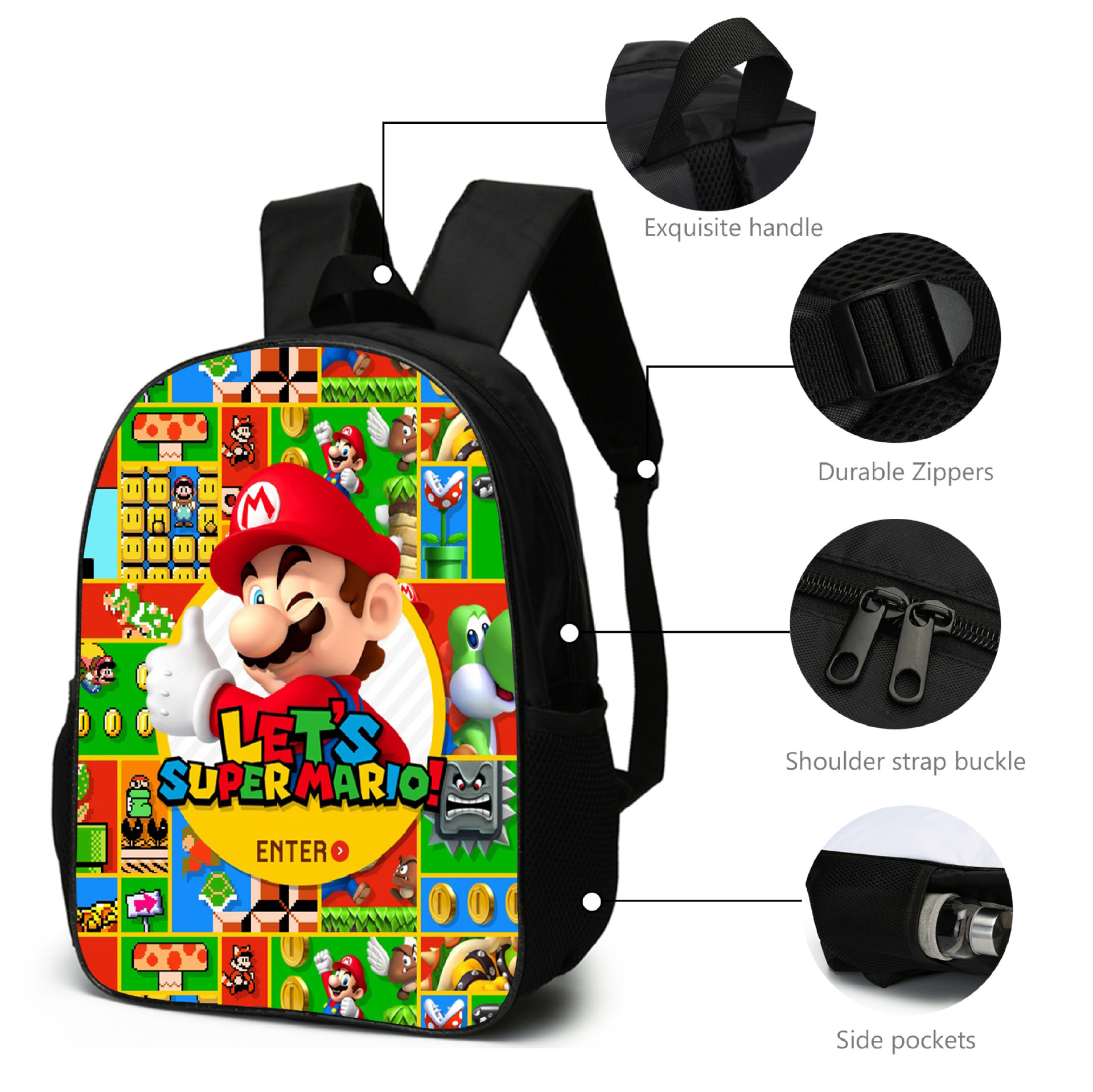 (Pattern 1) Super Mario Bros 3D Printed Childrens School Backpack for Kids High Capacity Travel Rucksacks