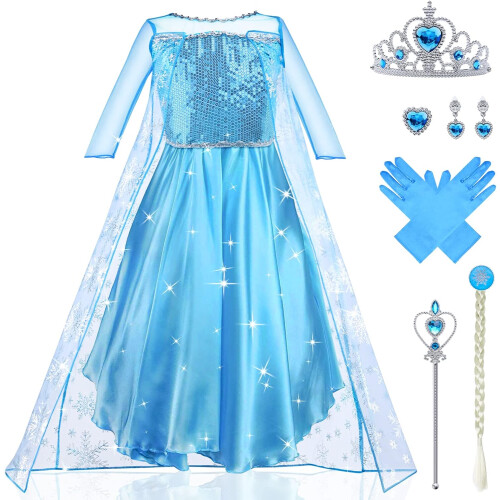 Elsa Anna Dress Up Princess Costumes for Girls Fancy Princess Dress Princess Costume with Fairy Wand and Crown Tiara Deluxe Girls Fancy Dress for Party Cosplay Bridesmaid Pageant