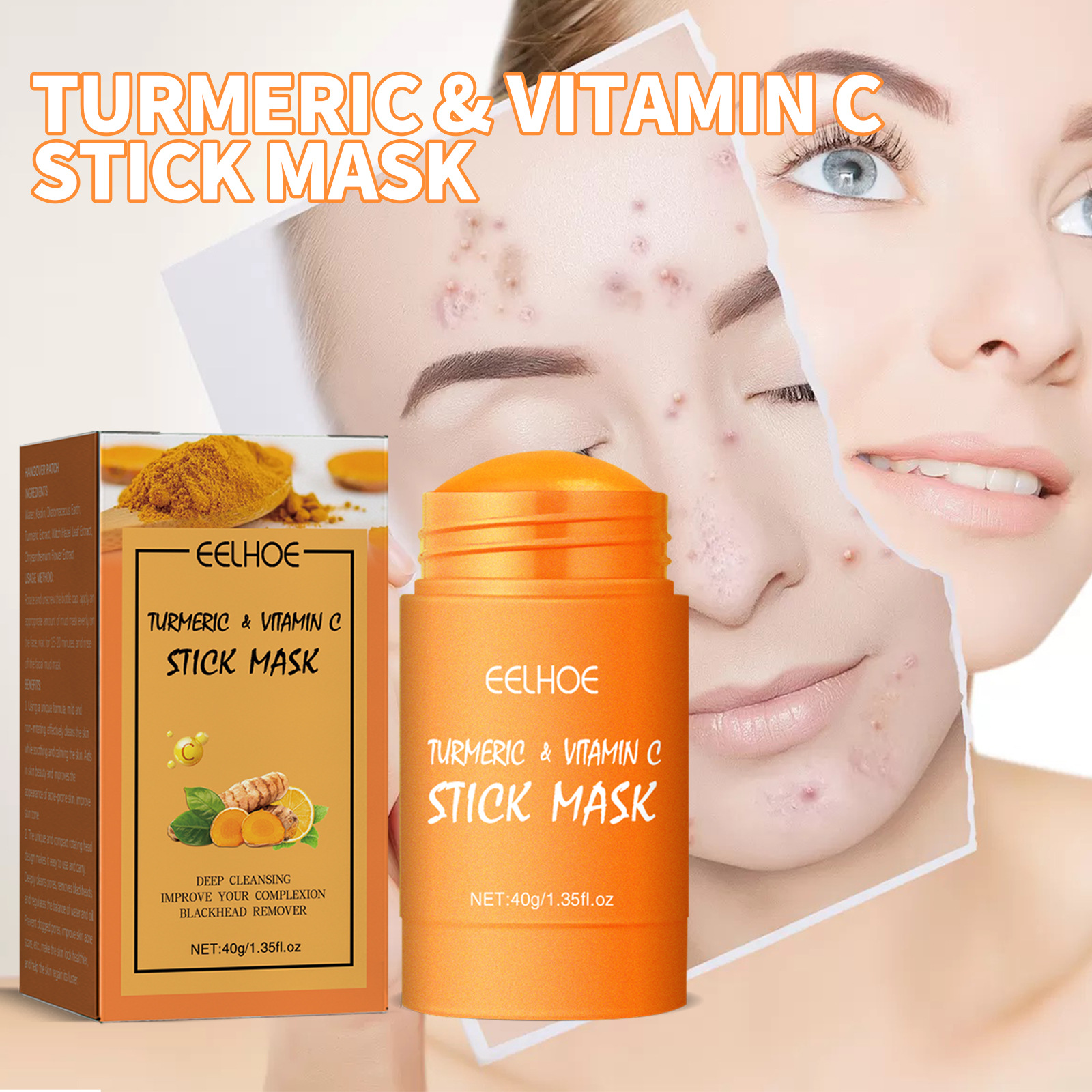 Organic Turmeric Face Mask Stick Deep Cleaning Shrink Pores Hydration Moisturizer Blackhead Remover Acne Scars Reduction Exfoliating Facial Care Mask.