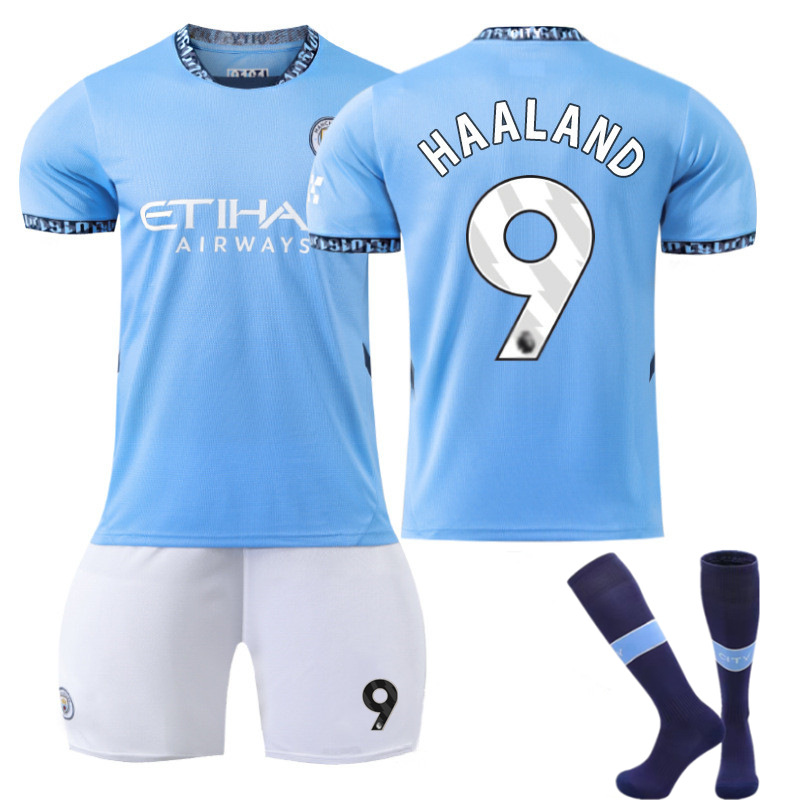 (Kids 16) 2024 2025 Manchester City Home HAALAND No. 9 Sport Clothing With Socks Kids Football Kits Soccer Jerseys Training Shirts Gift for Boys and Girls