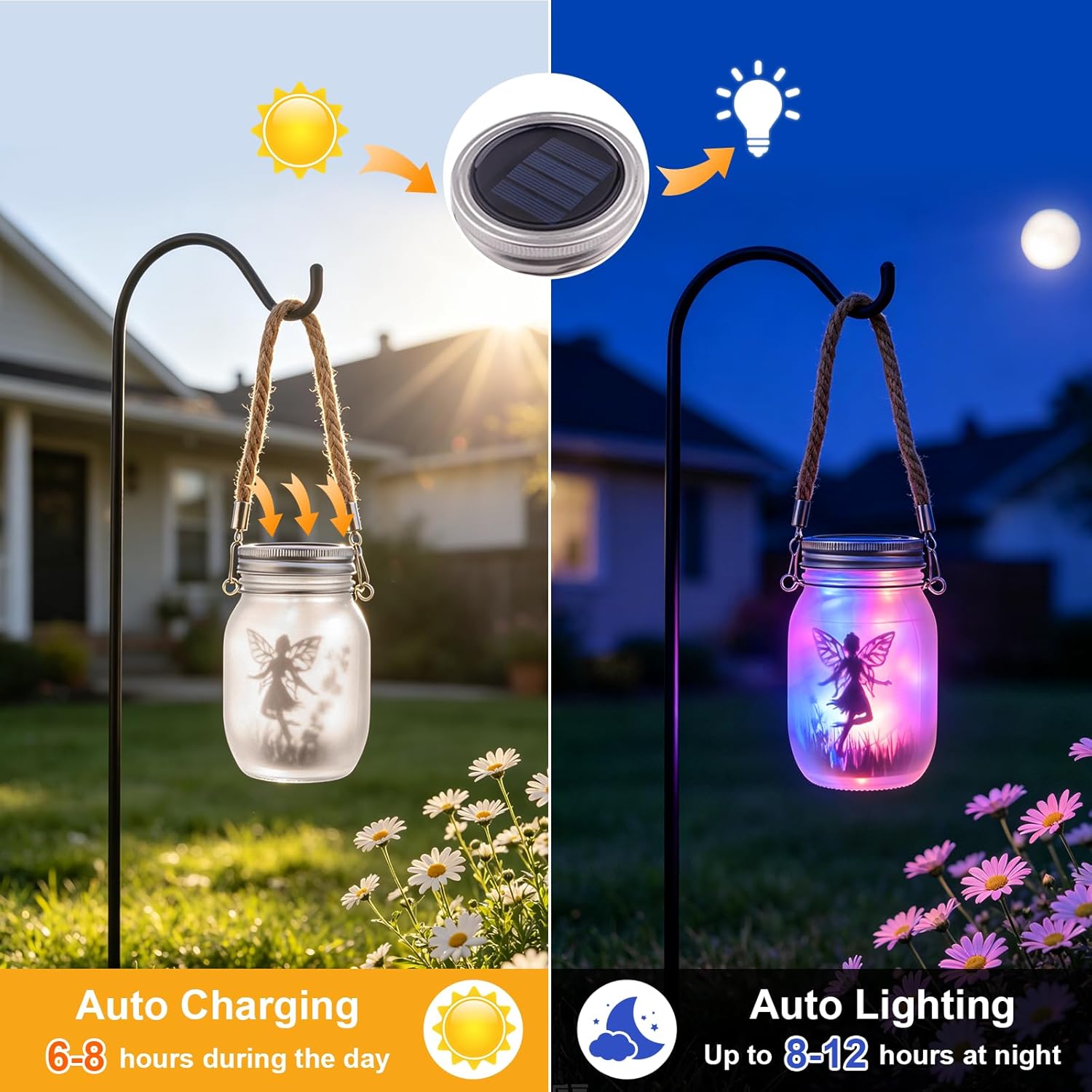 (Warm White) 2 Pack Solar Fairy Lantern Outdoor Garden Ornaments IP65 Waterproof Frosted Glass Solar Mason Jar Lights LED Hanging Lamp for Table Yard Garden Patio Lawns 