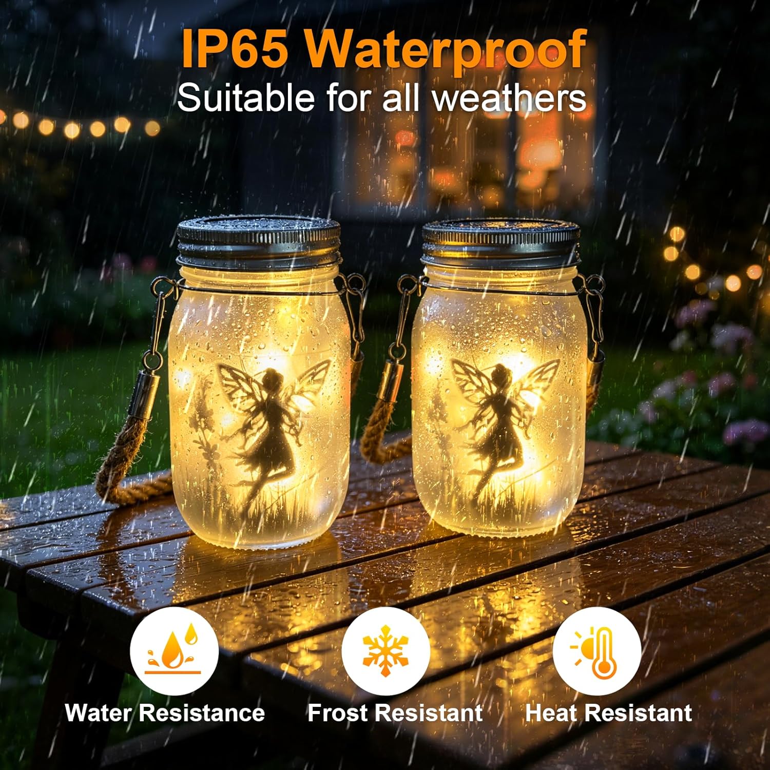 (Warm White) 2 Pack Solar Fairy Lantern Outdoor Garden Ornaments IP65 Waterproof Frosted Glass Solar Mason Jar Lights LED Hanging Lamp for Table Yard Garden Patio Lawns 