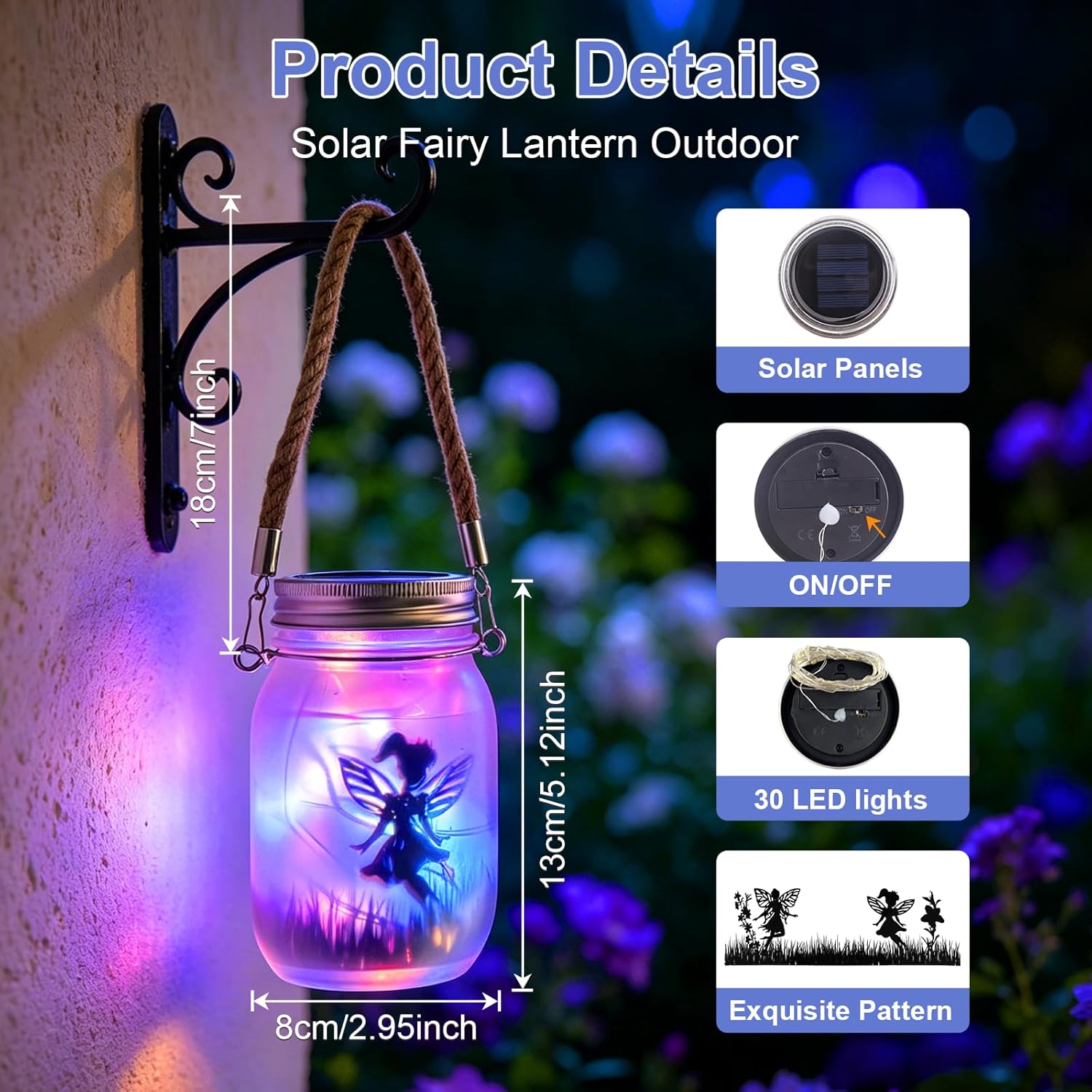 (Warm White) 2 Pack Solar Fairy Lantern Outdoor Garden Ornaments IP65 Waterproof Frosted Glass Solar Mason Jar Lights LED Hanging Lamp for Table Yard Garden Patio Lawns 