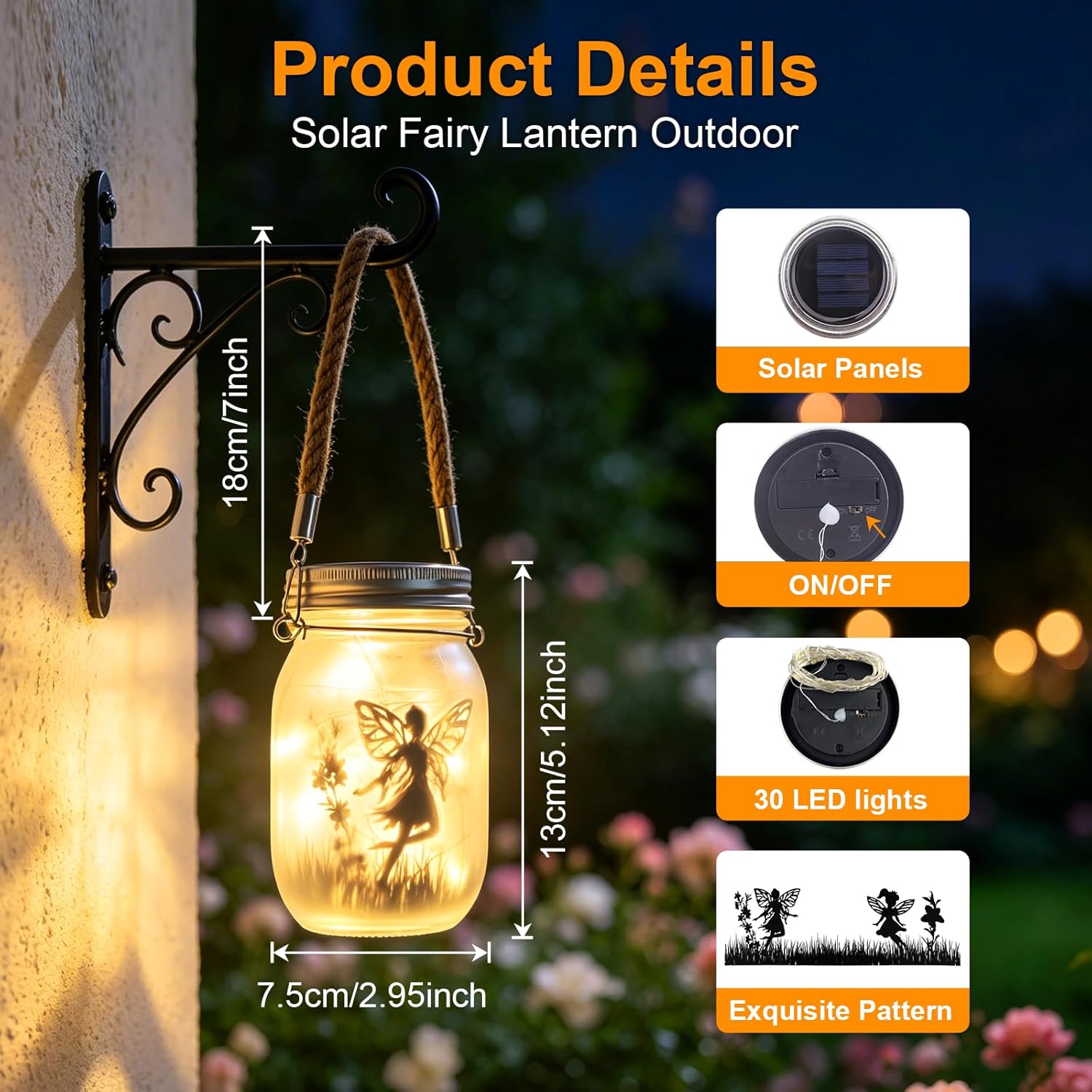 (Warm White) 2 Pack Solar Fairy Lantern Outdoor Garden Ornaments IP65 Waterproof Frosted Glass Solar Mason Jar Lights LED Hanging Lamp for Table Yard Garden Patio Lawns 