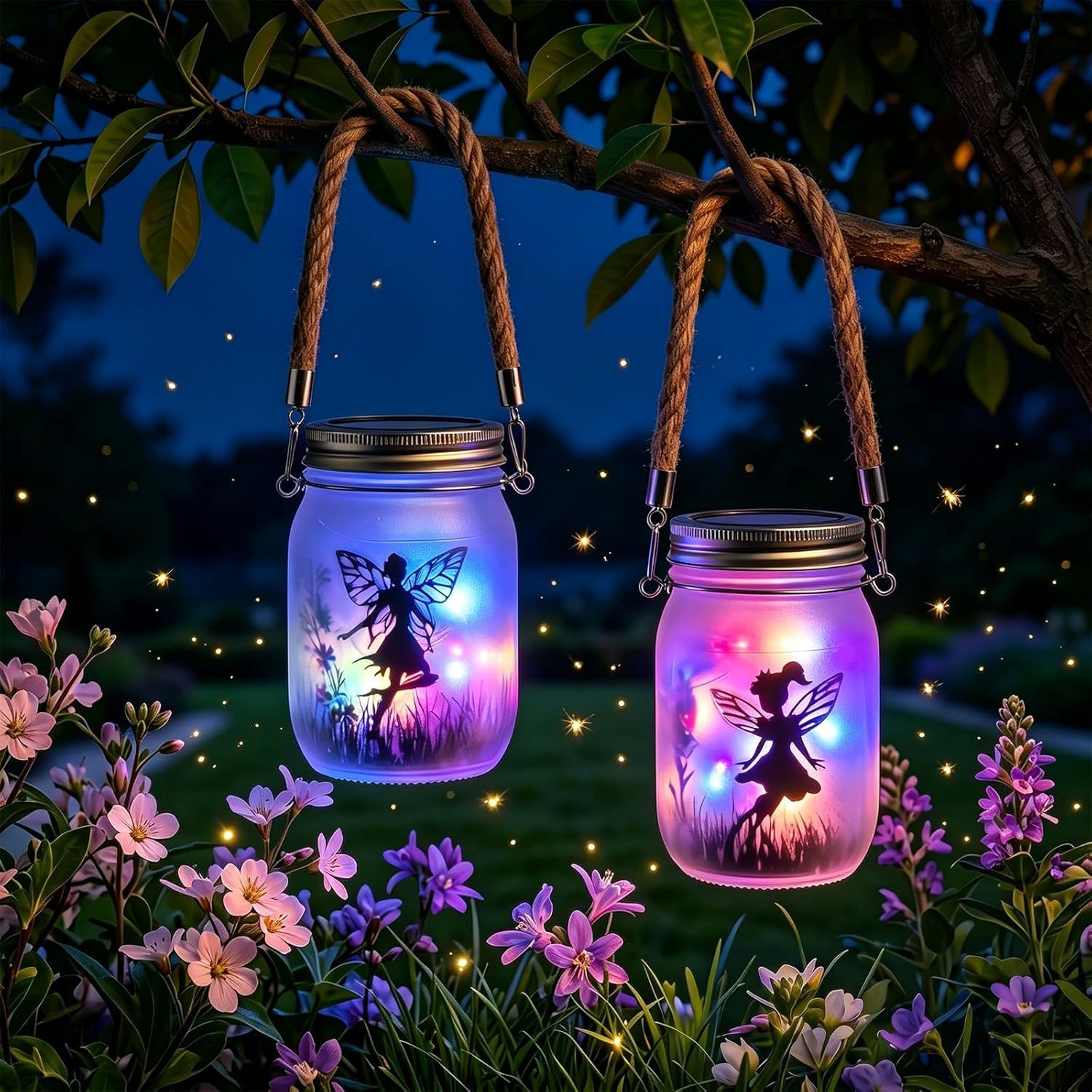 2 Pack Solar Fairy Lantern Outdoor Garden Ornaments IP65 Waterproof Frosted Glass Solar Mason Jar Lights LED Hanging Lamp for Table Yard Garden Patio Lawns 