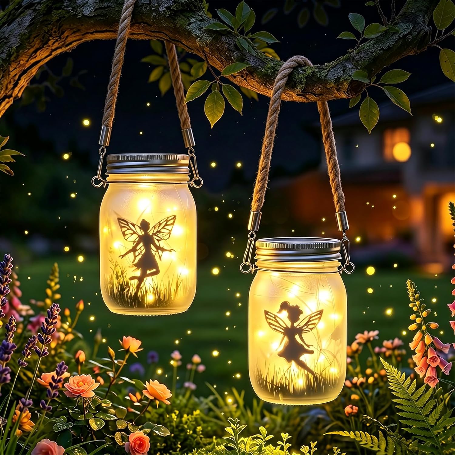 (Warm White) 2 Pack Solar Fairy Lantern Outdoor Garden Ornaments IP65 Waterproof Frosted Glass Solar Mason Jar Lights LED Hanging Lamp for Table Yard Garden Patio Lawns 