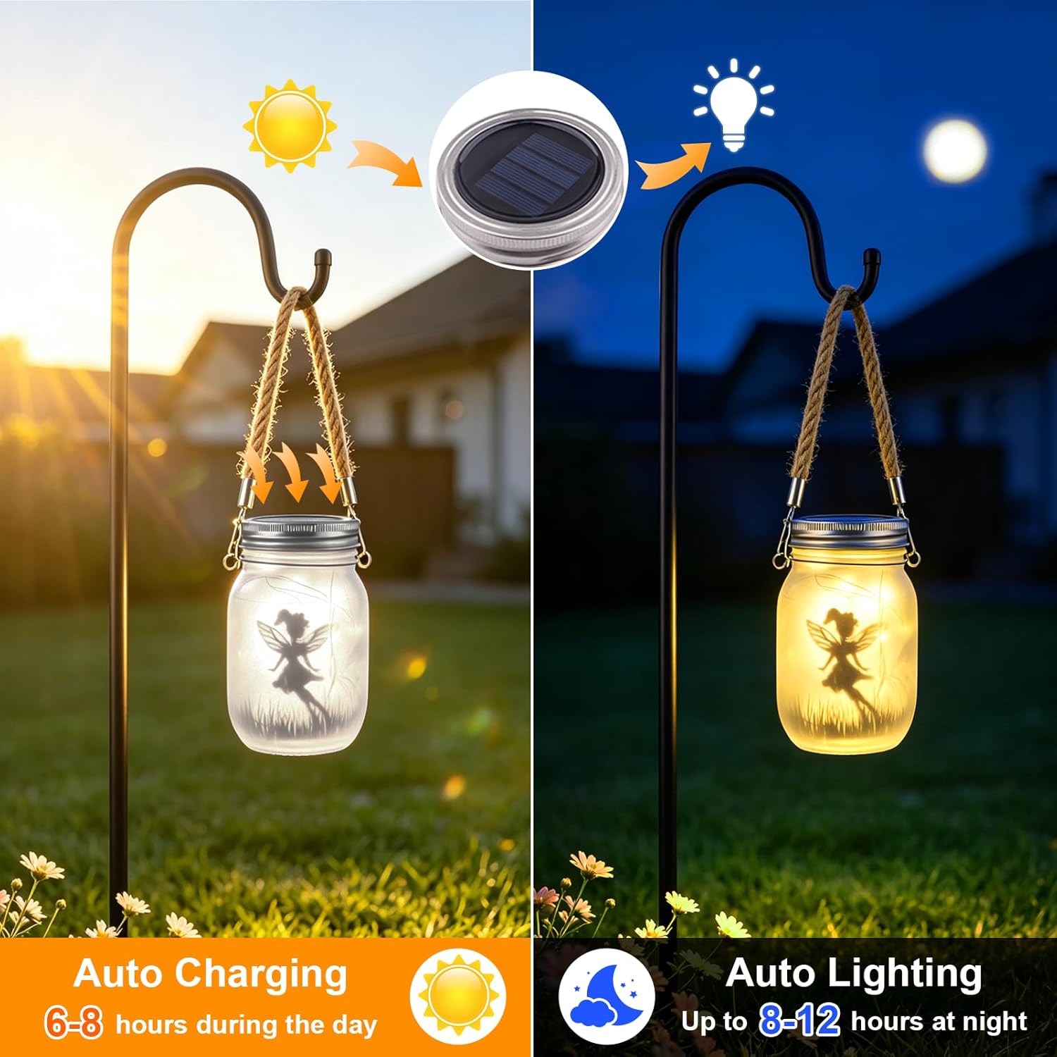 (Warm White) 2 Pack Solar Fairy Lantern Outdoor Garden Ornaments IP65 Waterproof Frosted Glass Solar Mason Jar Lights LED Hanging Lamp for Table Yard Garden Patio Lawns 