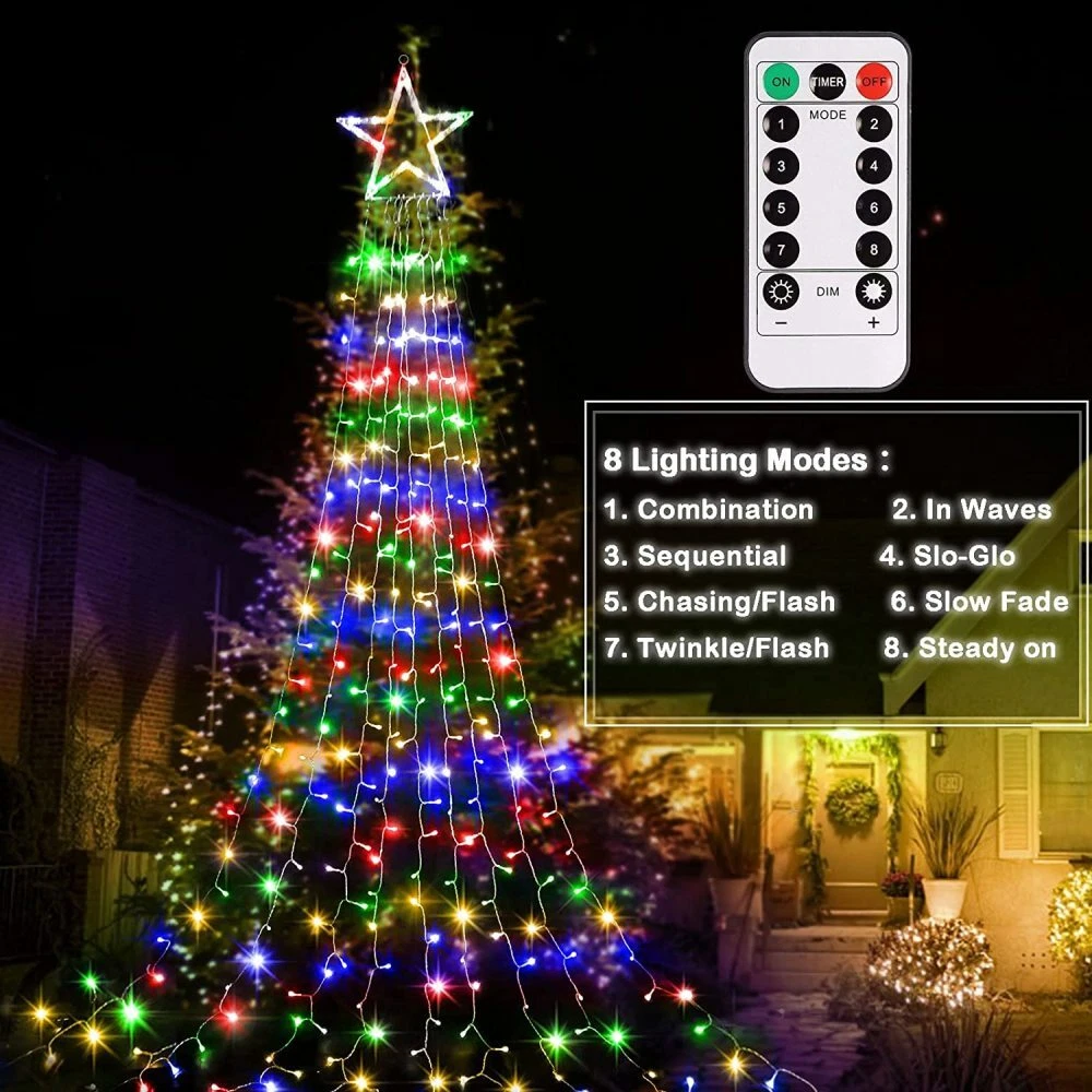(RGB) Solar LED Star Waterfall Light Holiday Party String Lights Christmas Tree Decor