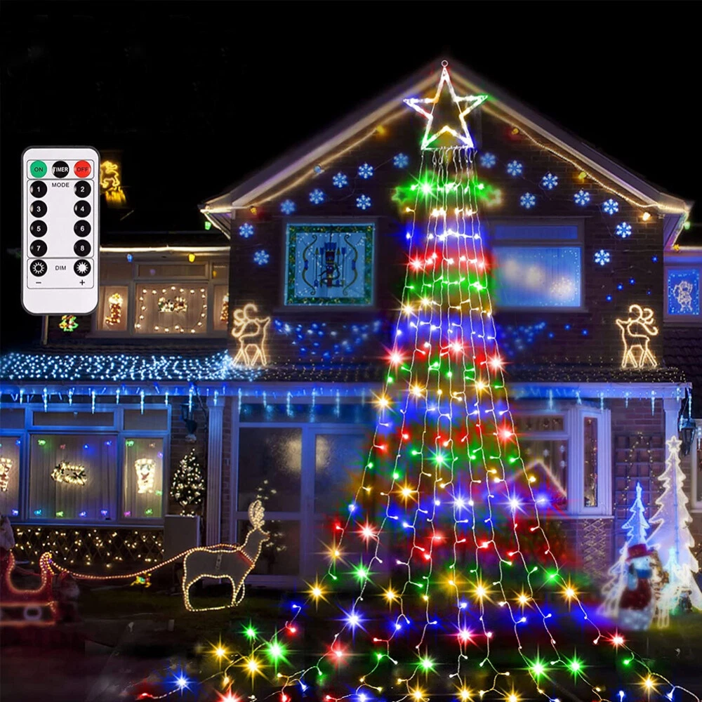 (RGB) Solar LED Star Waterfall Light Holiday Party String Lights Christmas Tree Decor