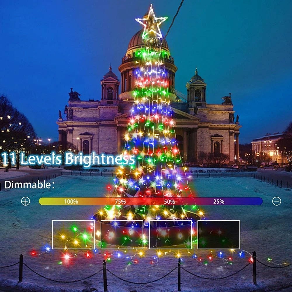 (RGB) Solar LED Star Waterfall Light Holiday Party String Lights Christmas Tree Decor