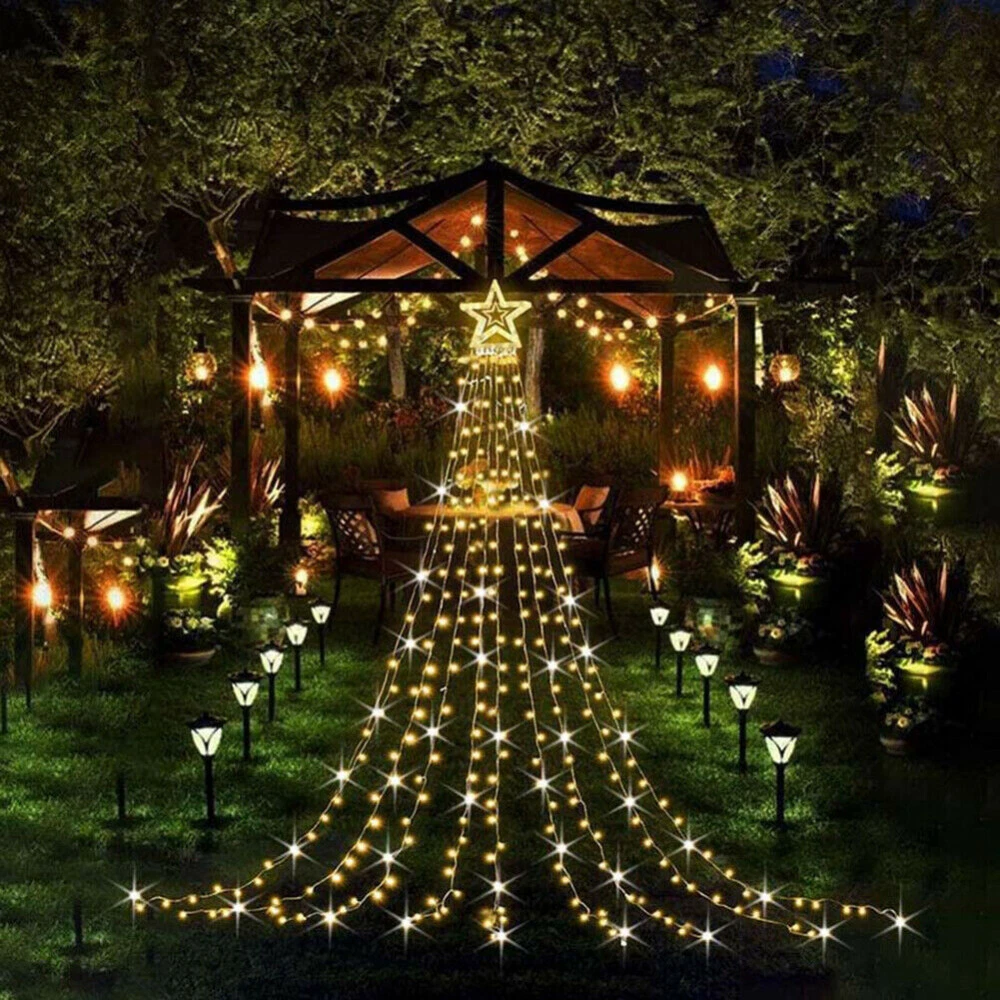 (RGB) Solar LED Star Waterfall Light Holiday Party String Lights Christmas Tree Decor