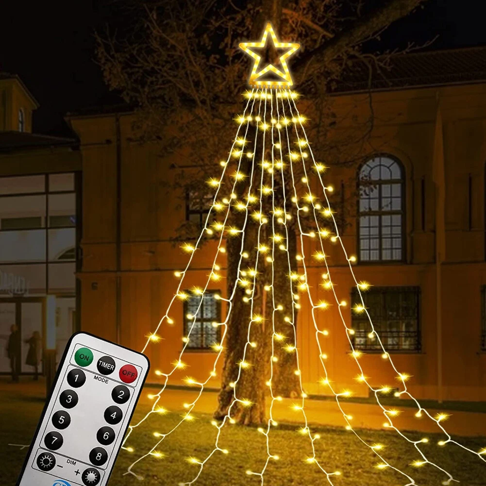 (RGB) Solar LED Star Waterfall Light Holiday Party String Lights Christmas Tree Decor