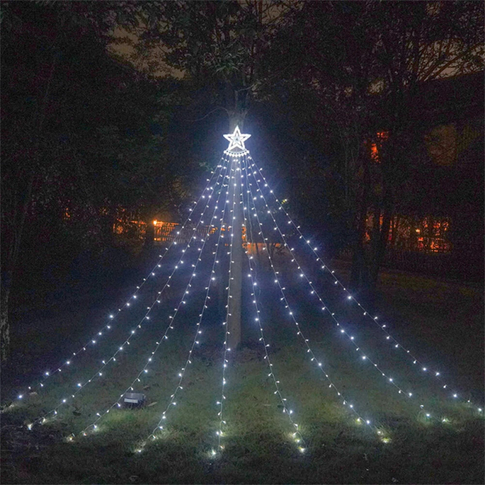 (RGB) Solar LED Star Waterfall Light Holiday Party String Lights Christmas Tree Decor