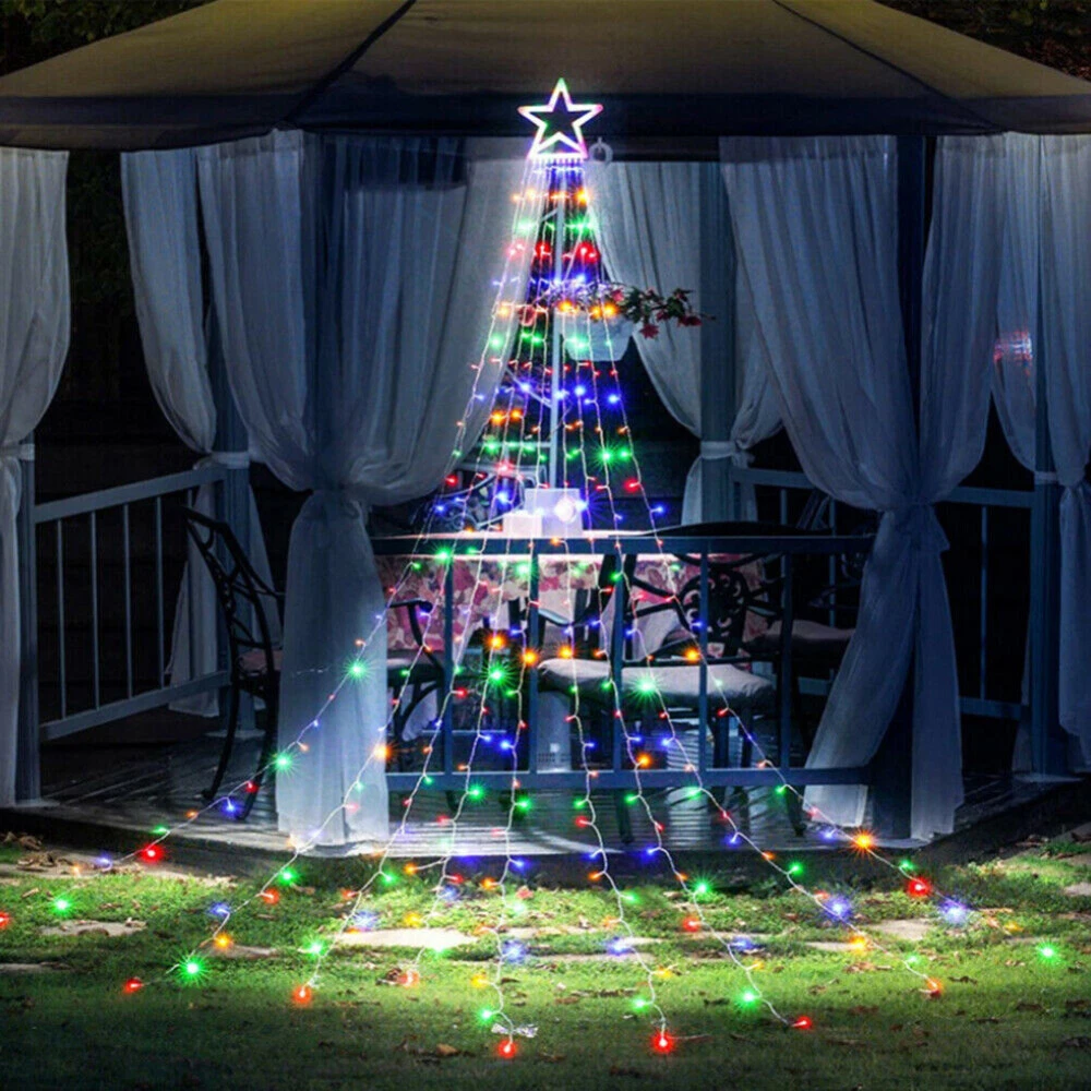 (RGB) Solar LED Star Waterfall Light Holiday Party String Lights Christmas Tree Decor