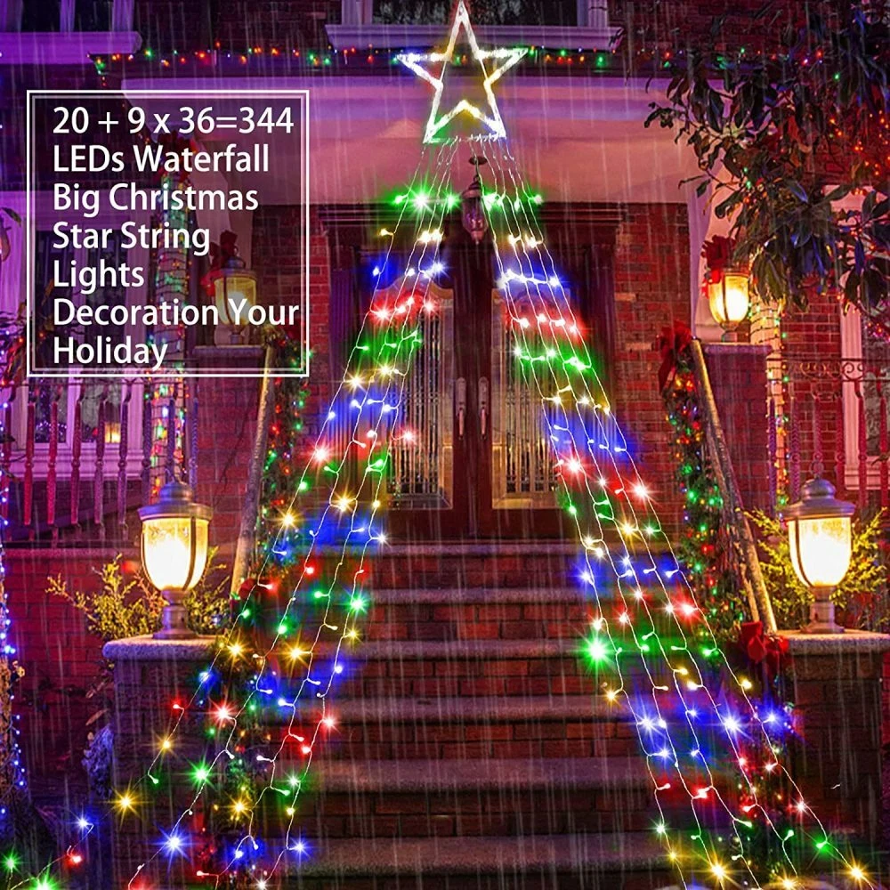 (RGB) Solar LED Star Waterfall Light Holiday Party String Lights Christmas Tree Decor
