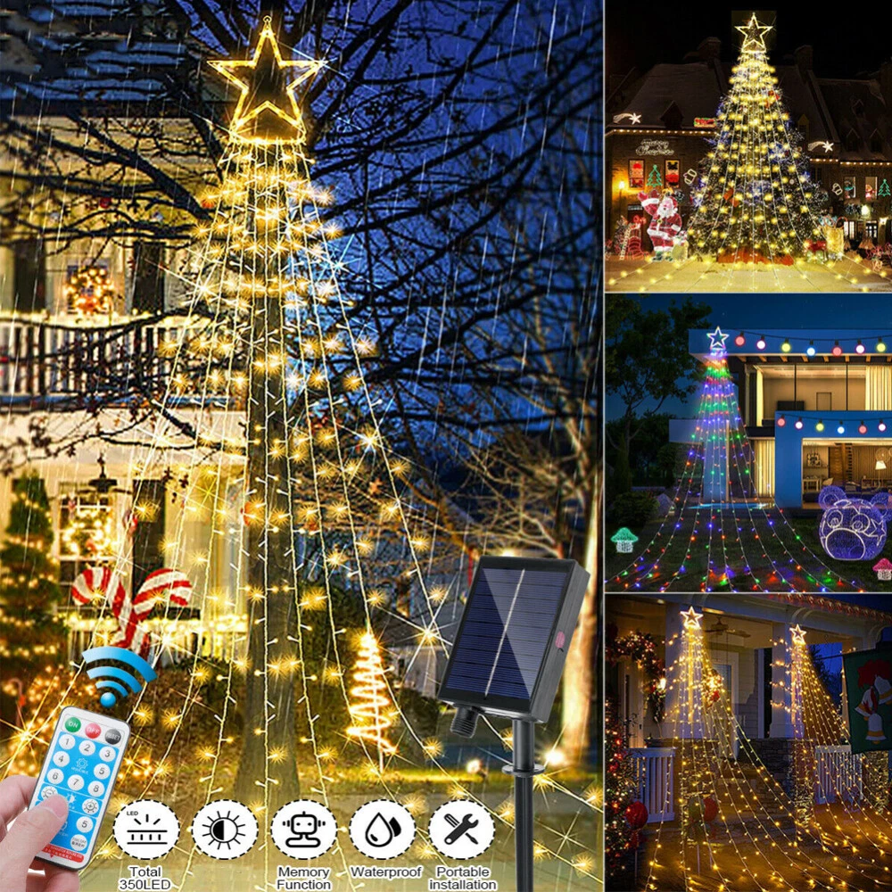 (RGB) Solar LED Star Waterfall Light Holiday Party String Lights Christmas Tree Decor