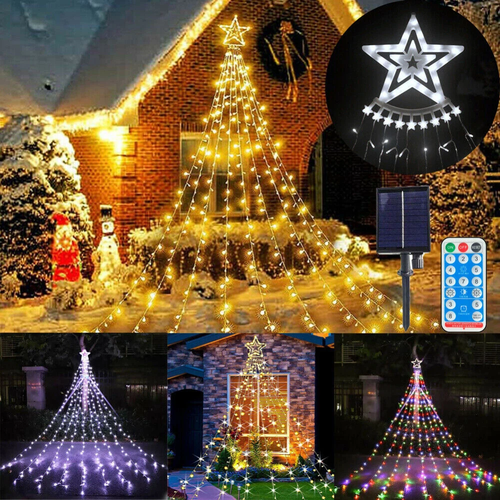 (RGB) Solar LED Star Waterfall Light Holiday Party String Lights Christmas Tree Decor