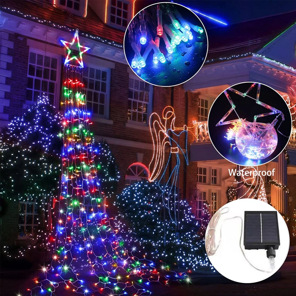 (RGB) Solar LED Star Waterfall Light Holiday Party String Lights Christmas Tree Decor