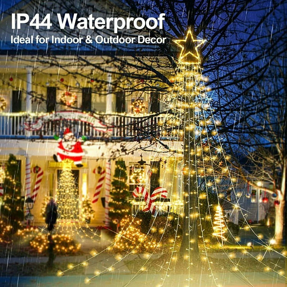 (RGB) Solar LED Star Waterfall Light Holiday Party String Lights Christmas Tree Decor