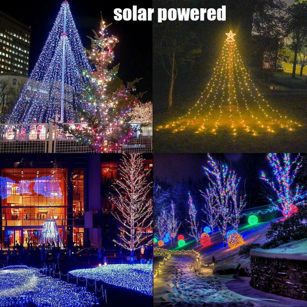 (RGB) Solar LED Star Waterfall Light Holiday Party String Lights Christmas Tree Decor