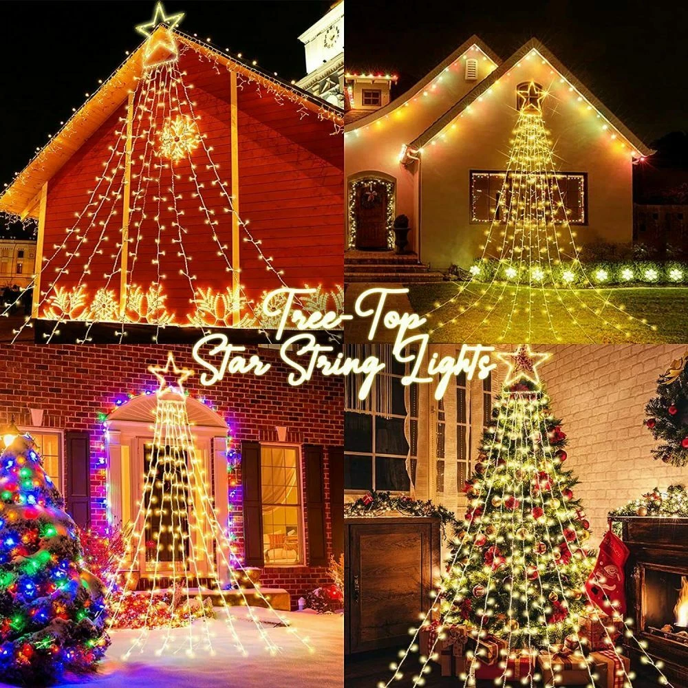 (RGB) Solar LED Star Waterfall Light Holiday Party String Lights Christmas Tree Decor
