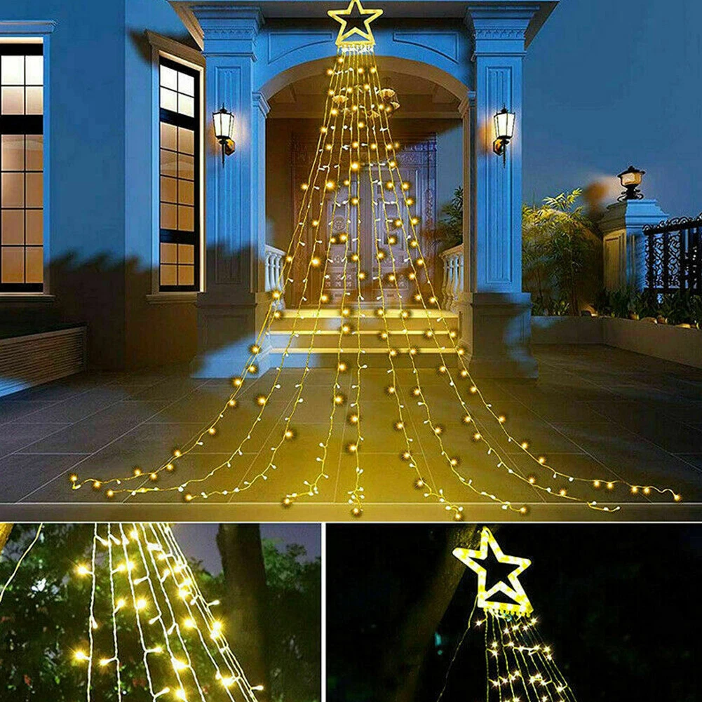 (RGB) Solar LED Star Waterfall Light Holiday Party String Lights Christmas Tree Decor