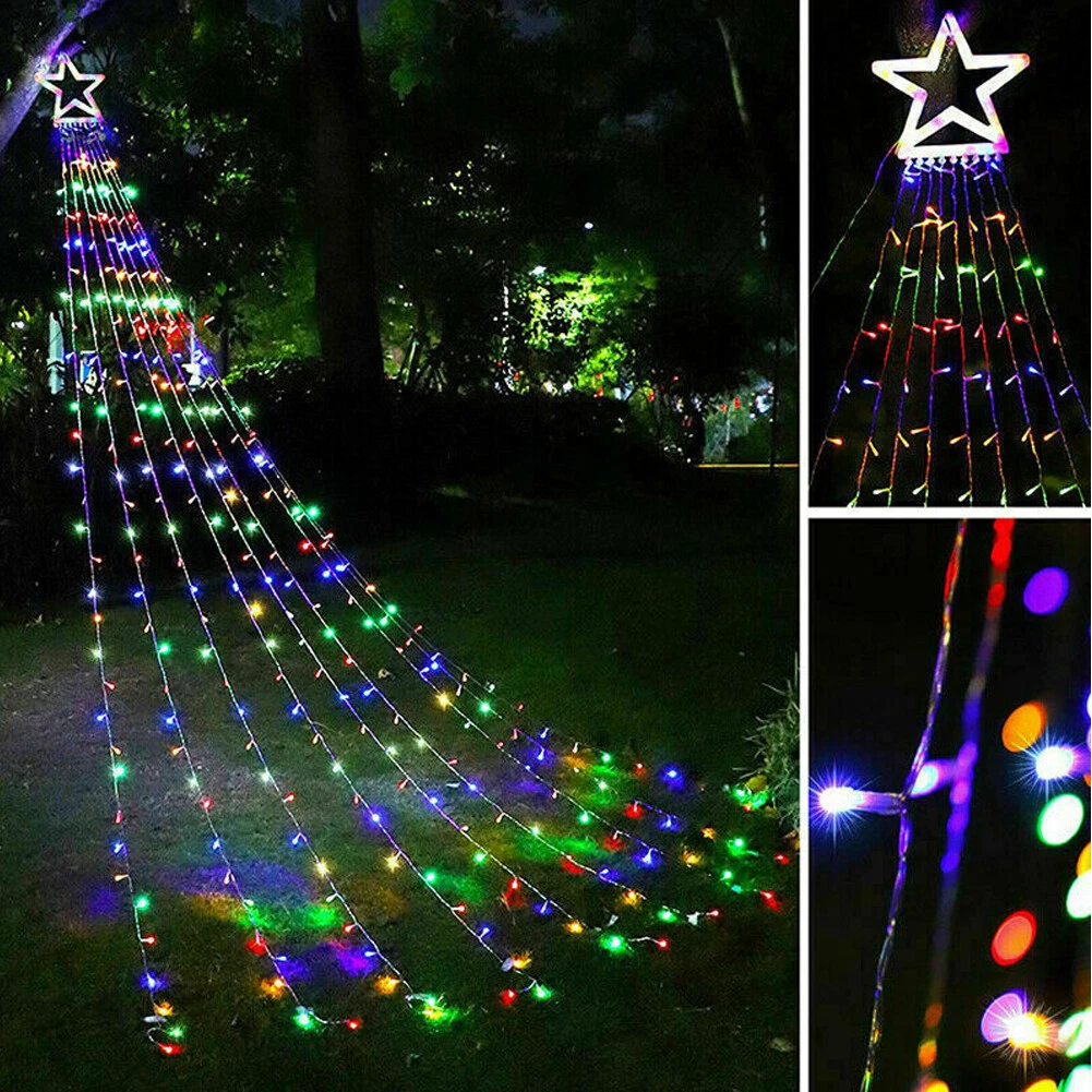 (RGB) Solar LED Star Waterfall Light Holiday Party String Lights Christmas Tree Decor