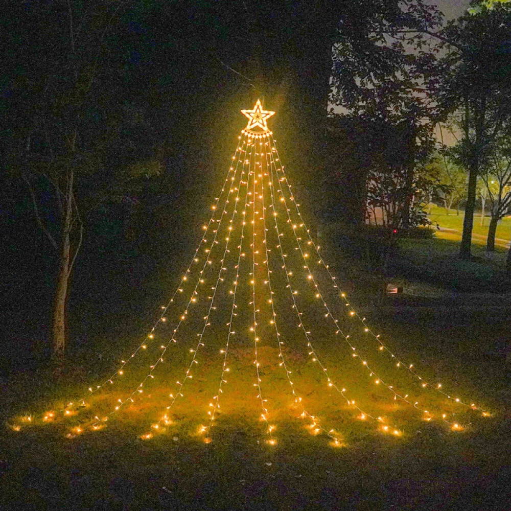 (RGB) Solar LED Star Waterfall Light Holiday Party String Lights Christmas Tree Decor