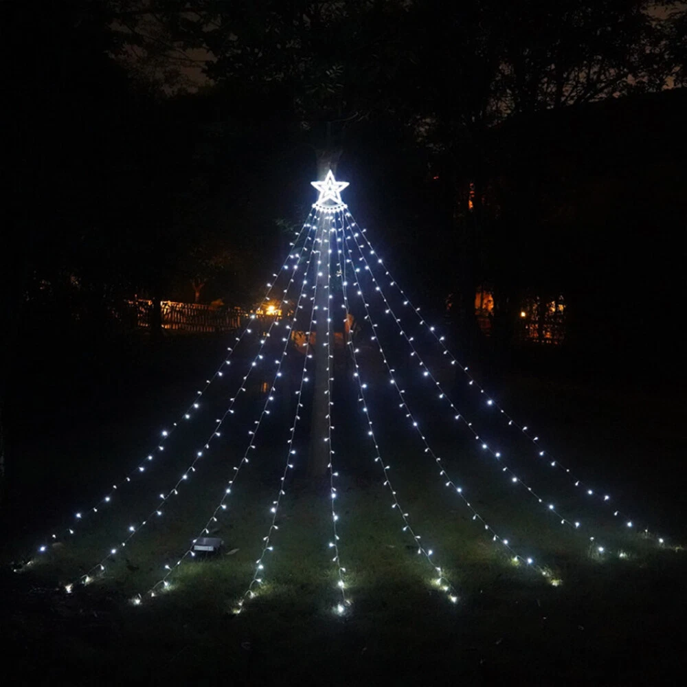 (RGB) Solar LED Star Waterfall Light Holiday Party String Lights Christmas Tree Decor