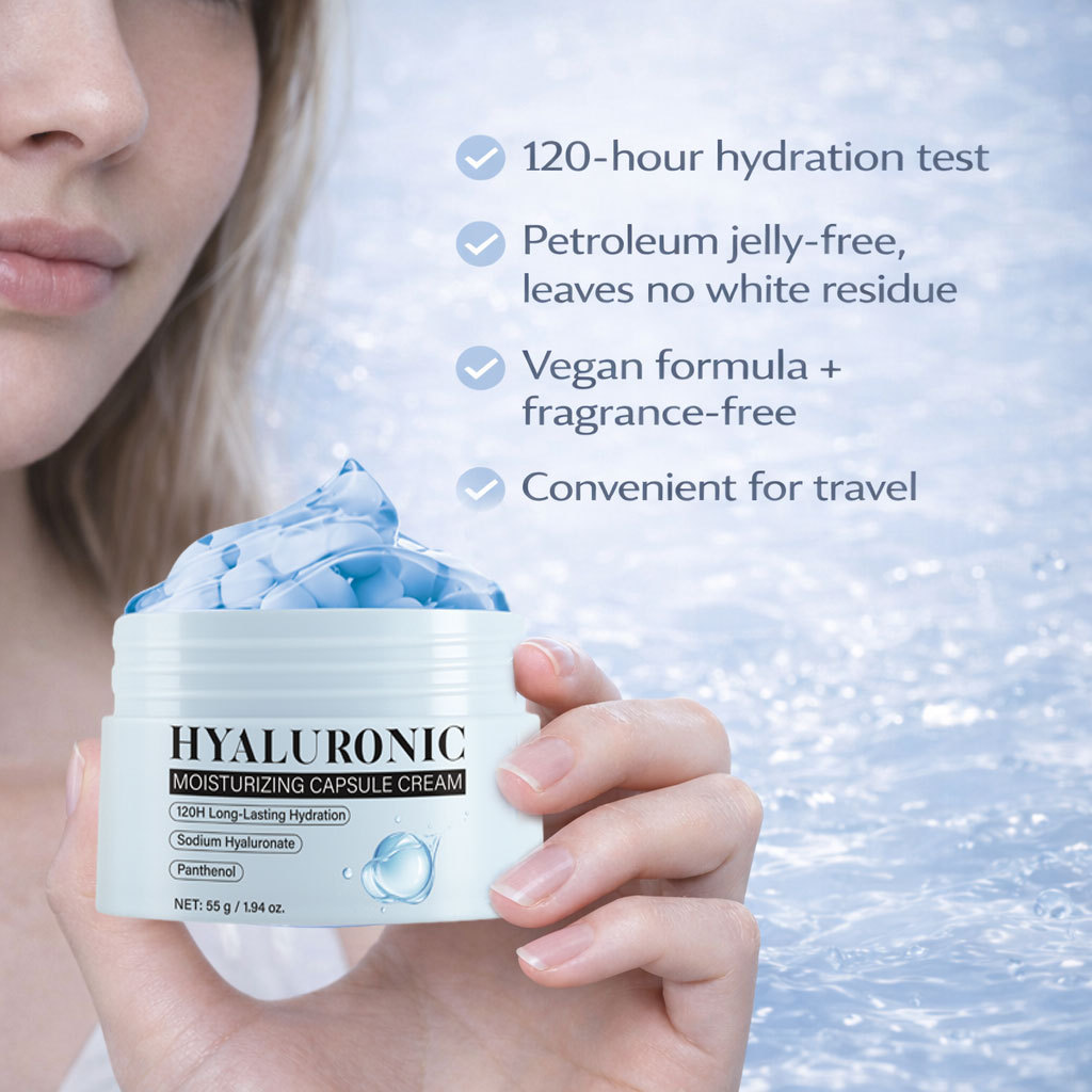 Hyaluronic Acid Capsule Cream 120 Hour Hydration Vegan Fragrance Free Travel Friendly Daily Face Moisturizer