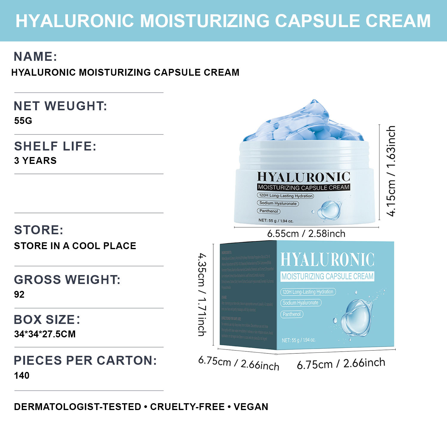 Hyaluronic Acid Capsule Cream 120 Hour Hydration Vegan Fragrance Free Travel Friendly Daily Face Moisturizer