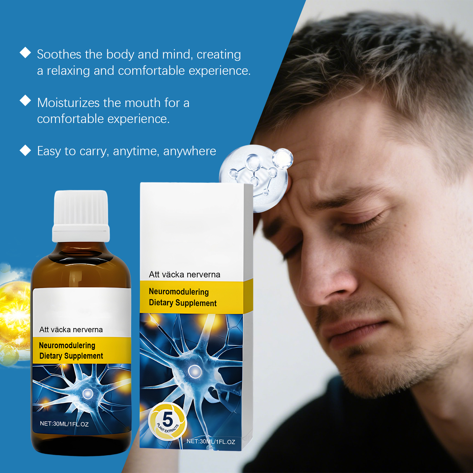 Dietary Supplement Drops Mild Formula Ease Daily Stress Boost Body Vitality Face Fresh Challenges With Positive Energy