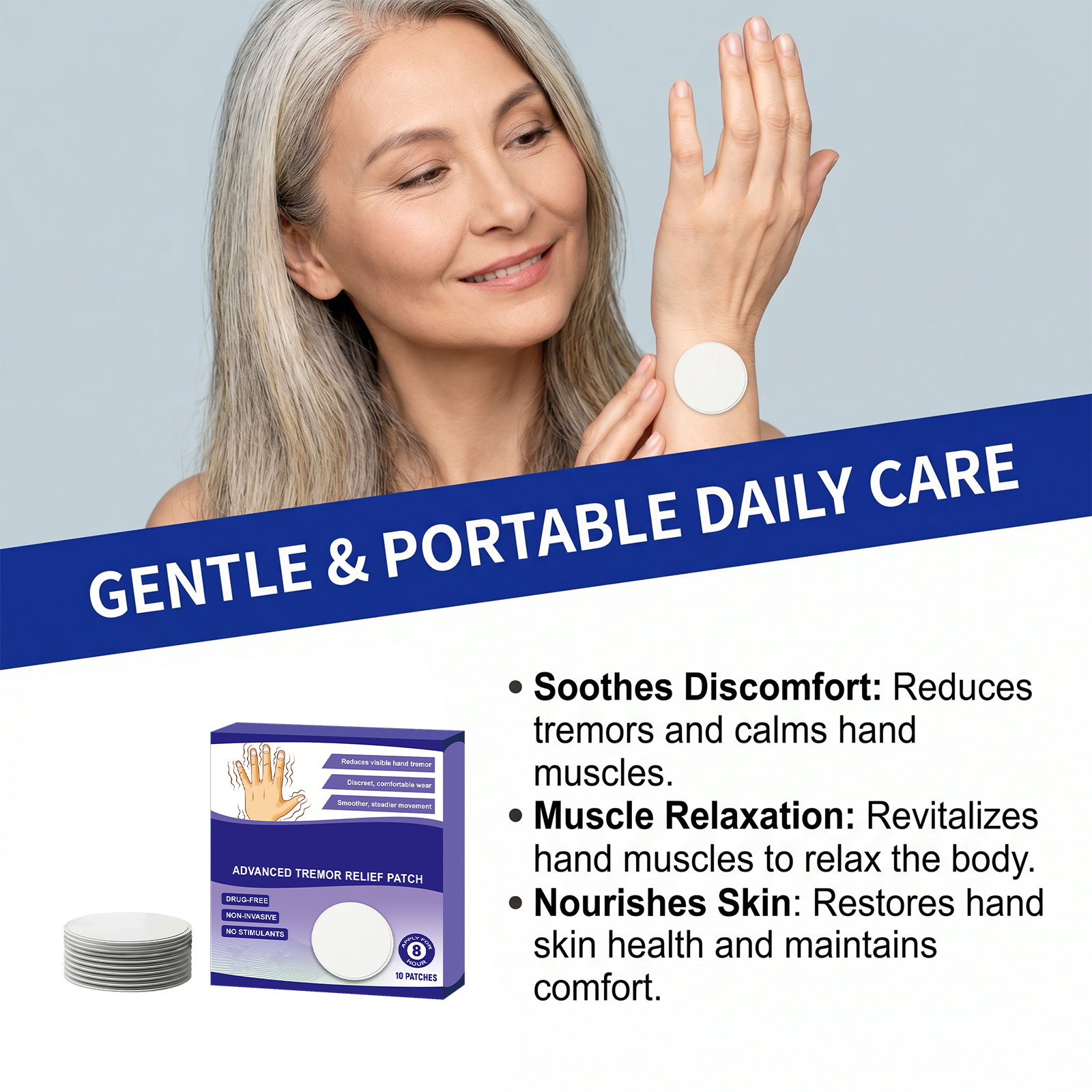 Hand Tremor Care Patch Thin Light Breathable Skin Nourish Comfort Relax Easy Wear Daily Apply Hand