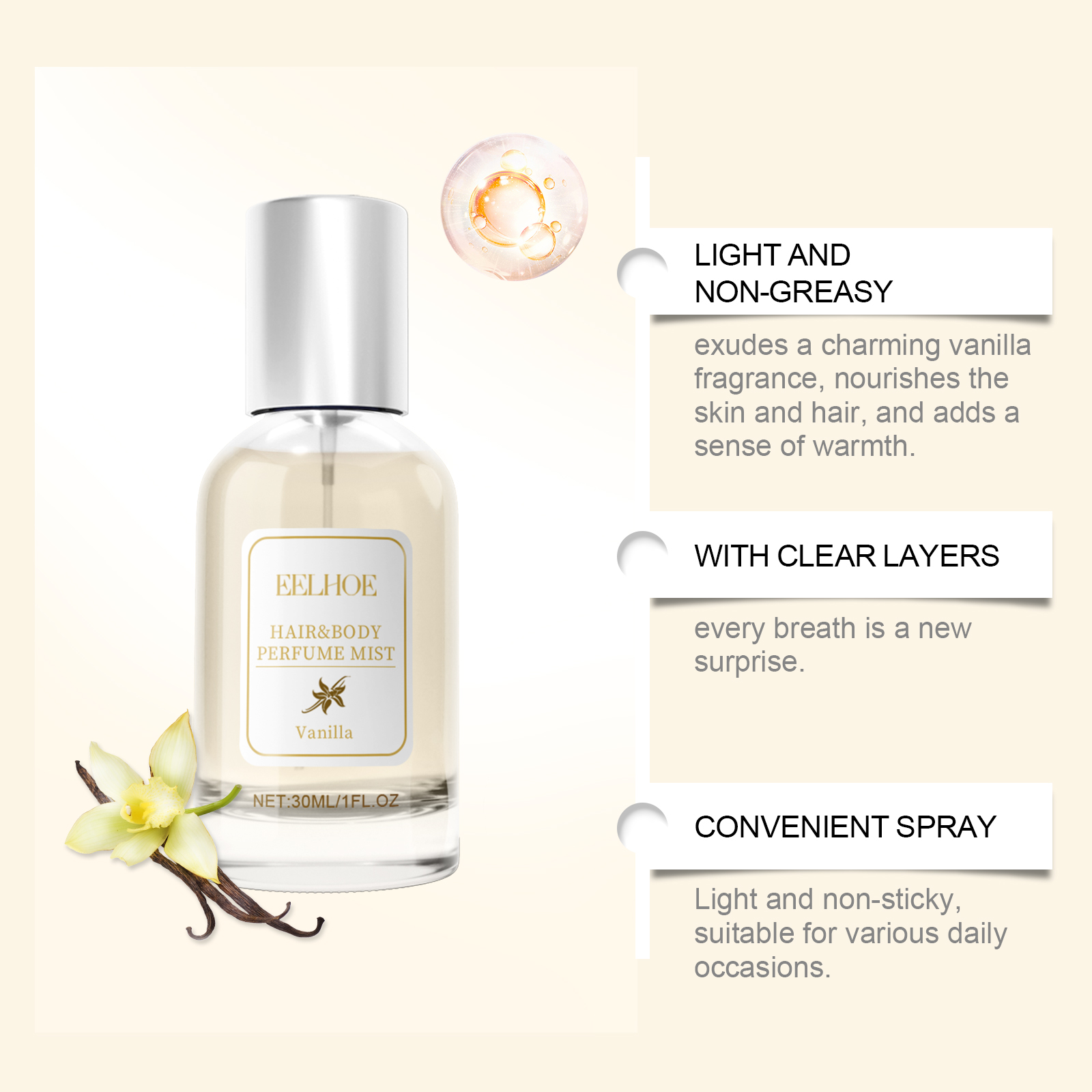 Vanilla Body Hair Perfume Spray Long Lasting Fresh Floral Scent For Women Daily Use 30ml