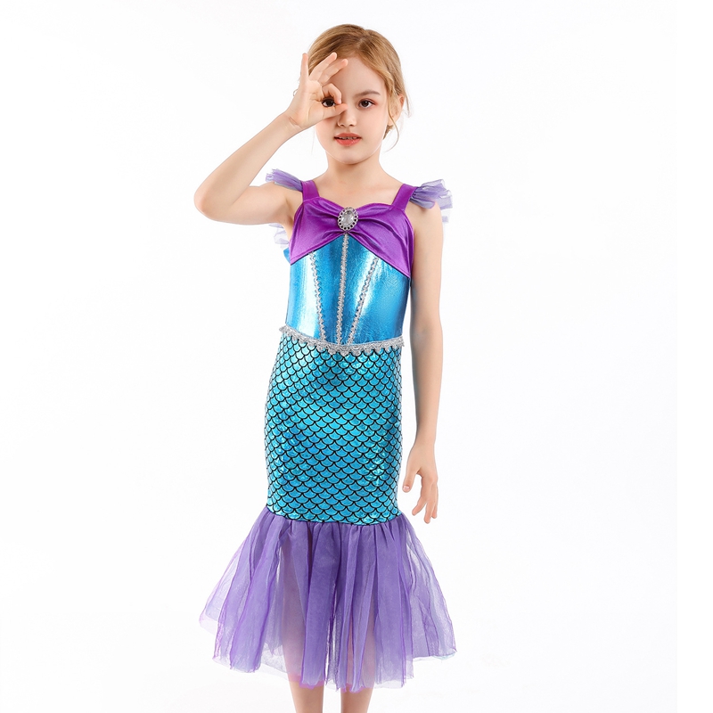 (110cm) Amycute Girls Little Mermaid Costume Kids Mermaid Princess Dress Birthday Halloween Cosplay Outfit